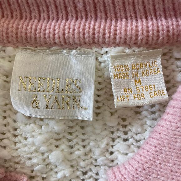 White Pink Vintage Chunky Coquette Flower Pearl Embroidered Collared Sweater M - Picture 8 of 8